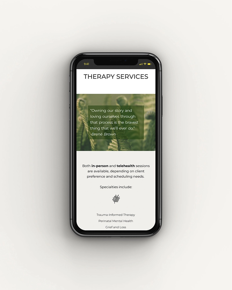 A cell phone looking at therapy services on a website.